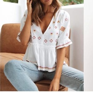 Petal & Pup White Blouse with Red and Yellow Embroidery